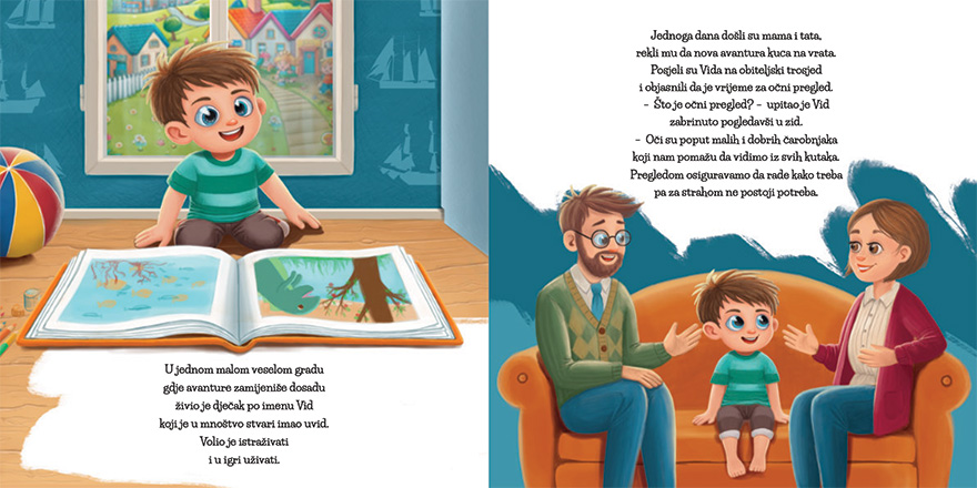 "Vid visiting eye doctor", educational picture book for kids and parents / Detail 01 - Vid playing in his room and parents talking to him about visiting the eye doctor